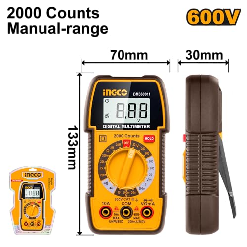 Image of INGCO Digital Multimeter Display : TRUR RMS 2000 Counts DM360011