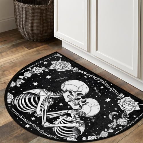 Image of cfpolar Half Round Door Mat Halloween Flower White Skull Non-Slip Semi Circle Area Rug Washable Half Moon Hearth Rugs for Indoor Outdoor Bathroom Kitchen Patio Runner Mat Laundry Room Home Decoration