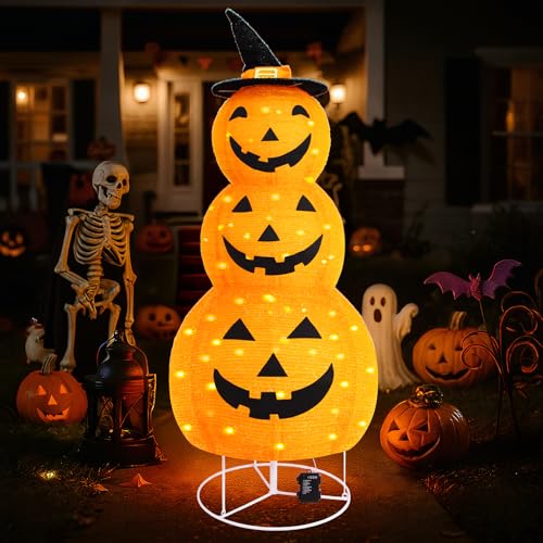 Halloween Pumpkin Decorations Battery Operated Pre-Lit Collapsible Jack-o-Lantern with 100 LED & 8 Modes Pop Up Pumpkin Decor for Indoor Outdoor Yard Party Halloween Fall Holiday