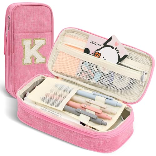Image of Pencil Bag, Pencil Case for Girls Women, Preppy Pencil Case, Large Initial Pencil Pouch with Zipper, Back to School Supplies, Aesthetic Pen Case Box for Kids Teen Girls - K(Pink)