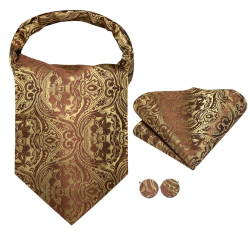 Image of Hi-Tie Silk Ascot for Men Self Tie Men's Cravat and Flower Lapel Pin Handkerchief Cufflinks Set for Wedding Party