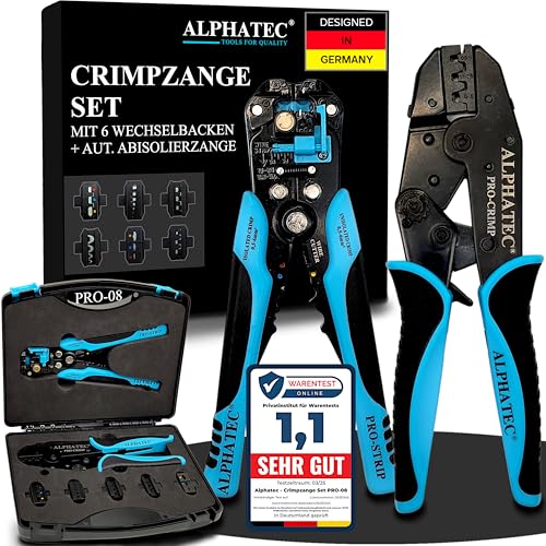 ALPHATEC® Crimpzange Set mit Wechselbacken inkl. automatische Abisolierzange - [0,25-10mm²] - Crimpzange Kabelschuhe, Aderendhülsenzange, Flachstecker, MC4 Zange PV Solar - Krimpzangenset 8-teilig