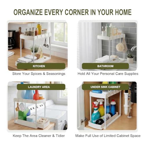 COLMO 2 Pack Organizador Bajo Fregadero 2 Niveles con Cajón Extraíble, Blanco, 15 x 14.3 x 7.8 pulgadas, 8 Ganchos Incluidos, Montaje sin Herramientas, Plástico ABS miniatura 4