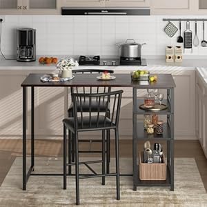 Shintenchi Kitchen Bar Table and Chairs Set of 2, Small Dining Table Set with 2 PU Cushion Bar Stools, 3 Piece Kitchen Dining Set with 3 Storage Shelves for Small Space, Brown Shintenchi Kitchen Bar Table and Chairs Set of 2 Small Dining Table Set with 2 PU Cushion Bar Stools 3 Piece Kitchen Dining Set with 3 Storage Shelves for Small Space Brown
