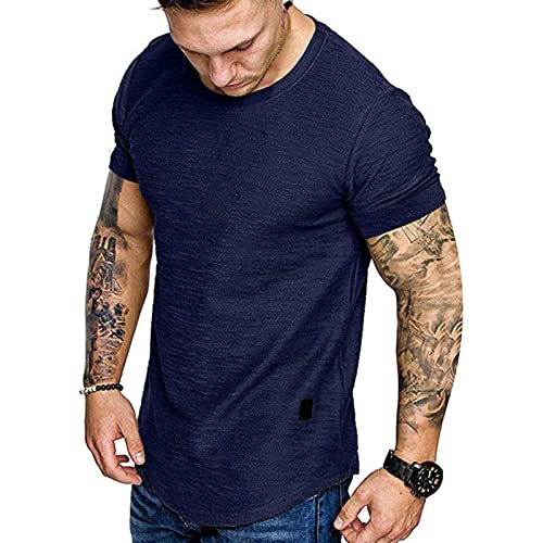 Men's T-Shirts Casual Crew Neck Cotton T Shirts Muscle Fit T Shirt Tops Plain Navy T Shirt Men 2XL