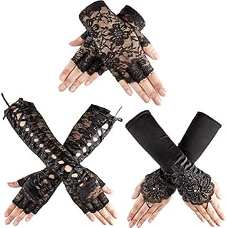 3 Pairs Lace Fingerless Gloves Elbow Lace Up Gloves Black Lace Satin Gloves