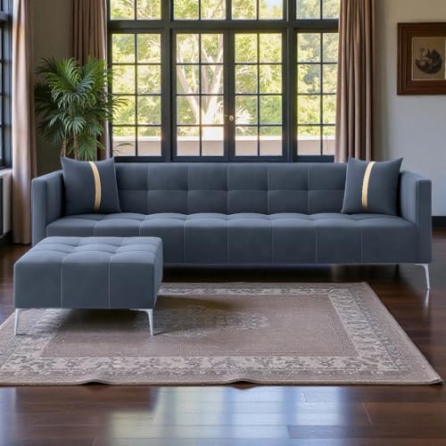 Image of FURNY Homeliving 5 Seater L Shape Sofa Set with Movable Ottoman | Flexible Left or Right Layout | Plush Velvet Fabric (Dark Grey) | Perfect for Living Room, Guest Room & Office