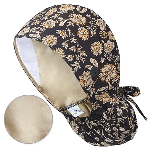 Image of QBA Adjustable Working Cap with Button, Satin-Lined Hat, Cotton Working Hat Sweatband, Elastic Tie Back Hats Unisex