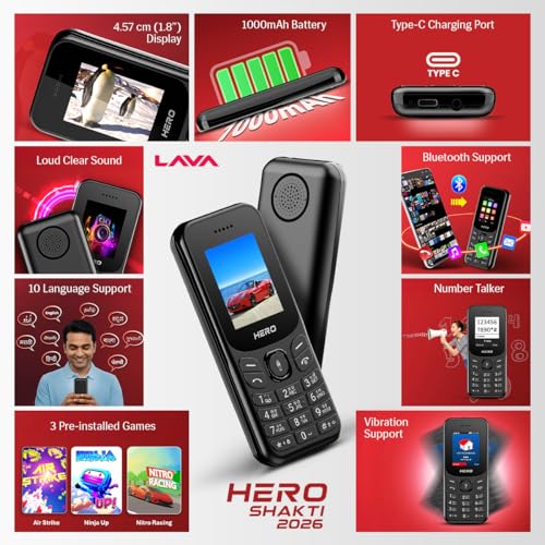 Image of Lava Hero Shakti 2026 Dual Sim Keypad Mobile Phone (with Vibration Alert) | 1.8 inch Display | Super Saving Battery Mode | Stylish Design | Number Talker | (Black)| Type-C