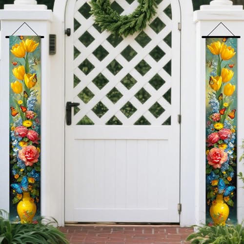 Image of Nuxovilar Floral Butterfly Tulip Rose Door Banner Polyester 70x12 In
