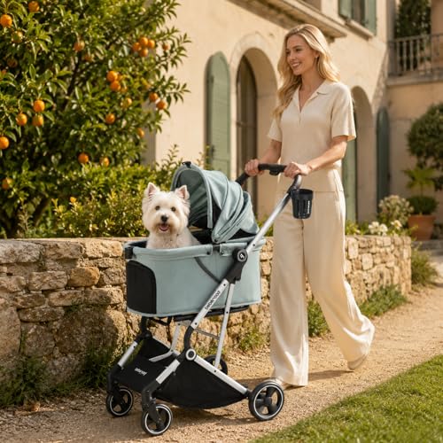 Image of Pet Stroller Dog Cat Stroller for Small Medium Dogs Cats, 4 Wheels Travel Folding Carrier Waterproof Puppy Stroller with Pad, Canopy and Cup Holder, Green