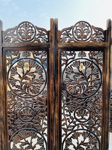 Image of Wooden Room Divider Decorative Foldable Privacy Screen Hand Carved Partition for Living Room Bedroom Office Decor (6 Feet 4 Panel Brown with Stand Each Panel Size 72X20 Inch)