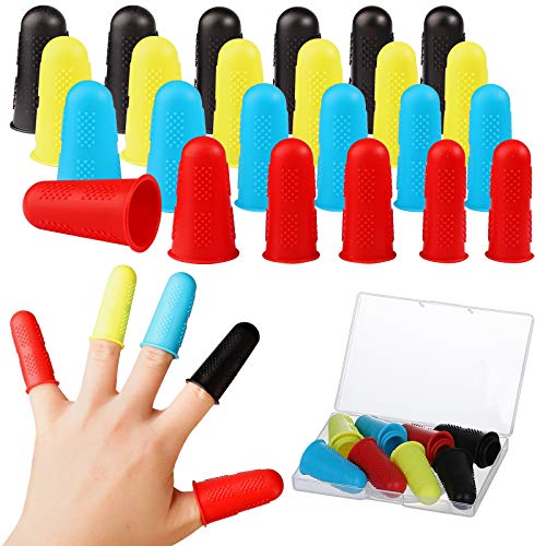 24 Pieces Silicone Hot Glue Gun Finger Caps, 4 Colors Finger Guard Protectors or Hot Glue Wax Rosin Resin Honey Adhesives Scrapbooking Sewing in 3 Sizes-Red/Blue/Yellow/Black
