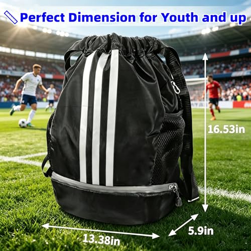 Image of Soccer Bag, Youth Soccer Basketball Bag with Compartments Drawstring Backpack for Football Volleyball Gym Training (Black)