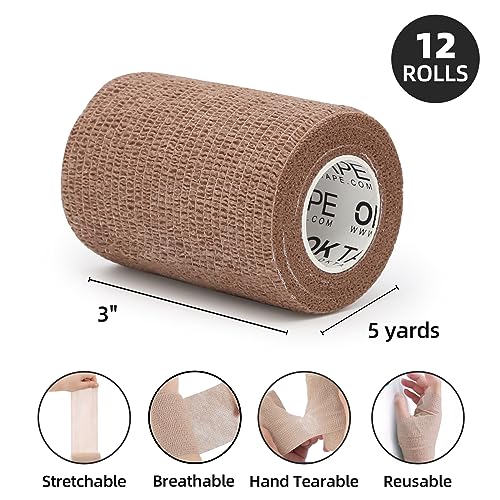 Image of OK TAPE Self Adherent Cohesive Bandages Wrap 12Packs 3 inch x 5 Yards | Non-Woven Elastic for Thumb Finger Wrist Ankle Self Adhesive Bandage Wrap Breathable Vet Wrap Bandages Tape (Mixed Colors)