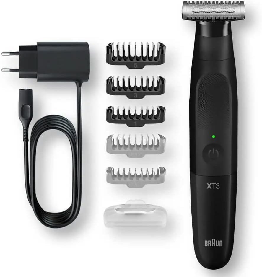 Braun Seria XT5 trymer do brody, golarka elektryczna dla mężczyzn, zestaw bodygroomer, 1 trwałe ostrze, torba podróżna, urządzenie do 3-dniowego zarostu, włosów, okolic intymnych, pach, Czarna, XT3200