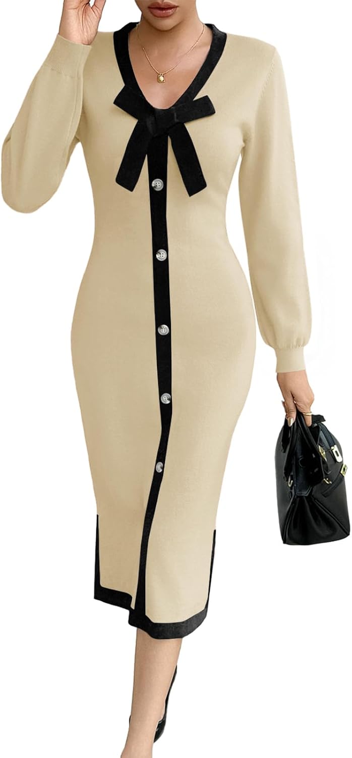 Wenrine Womens V Neck Sweater Dress Fall Long Sleeve Button Knit Bodycon Color Block Bow Tie Elegant Midi Dresses