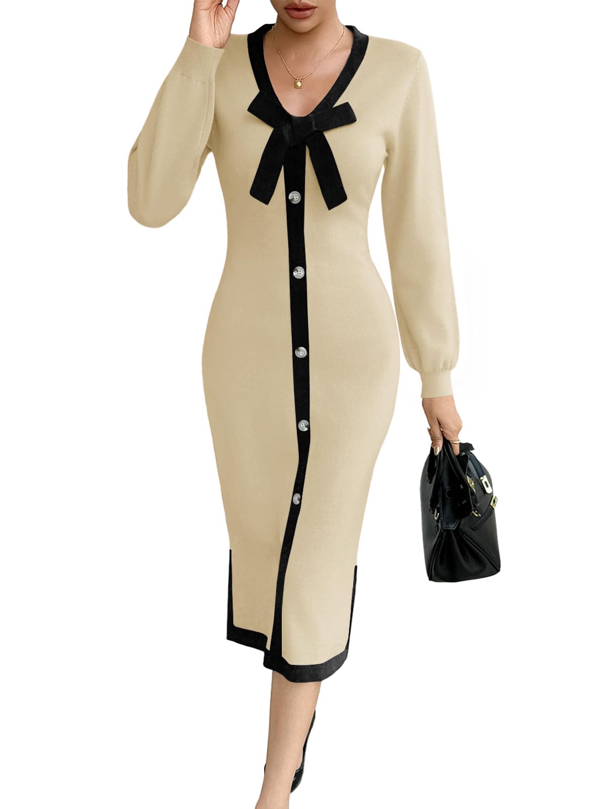 Wenrine Abito da donna con scollo a V, a maniche lunghe, lavorato a maglia, aderente, a blocchi di colore, con papillon elegante
