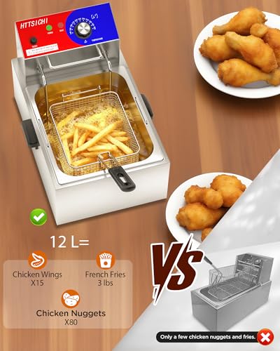 Commercial Deep Fryer - 12 L Electric Deep Fryer with 6 L Basket, Commercial Deep Fryer with Basket, Stainless Steel Countertop Deep Fryer w/Adjustable Temperature and Restaurant Use