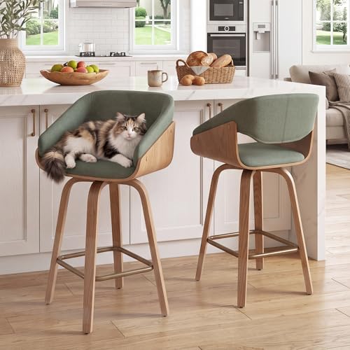 Image of HNY 26'' Modern Barrel Swivel Counter Stools Counter Height Swivel Bar Stools with Backs Set of 2, Green Linen Bar Height stools, Square Footrest, Farmhouse Solid Wood Barstools for Kitchen Island