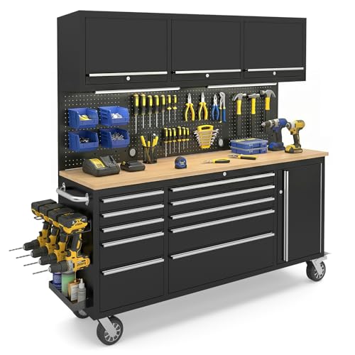 72” Rolling Tool Chest, Garage Cabinets Workbench with 10 Storage Drawers and Wheels, 3 Upper Cabinet, Pegboard, Light Strip, Steel Large Tool Box