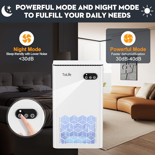 Image of ToLife Dehumidifiers for Home 95 OZ Water Tank, 1000 sq.ft Dehumidifier for Basement Bedroom Bathroom with Auto Shut Off 7 Colors LED Light,White