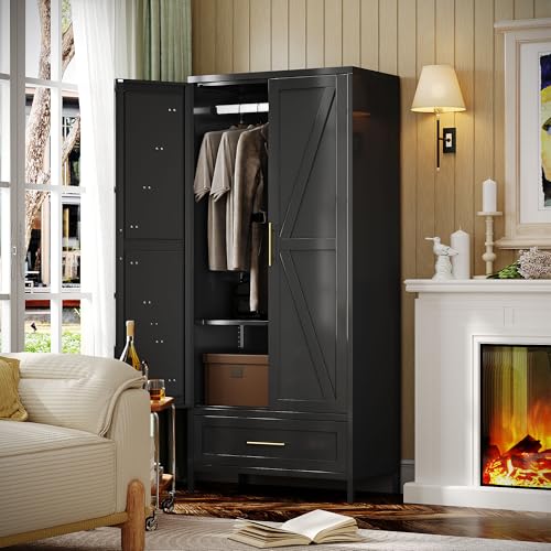 Image of SUPEER Metal Wardrobe Closet with Drawer & Hanging Rod 71 inch Tall Armoire Storage Cabinet for Bedroom, Laundry & Garage, 1 Drawer + Adjustable Shelf, Anti-Tilt Design, Black, Required Assembly