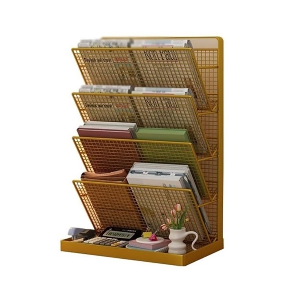 Stojak na foldery 5-poziomowy organizer na dokumenty A4 z siatki na tacce, organizer na pocztę, stojak na czasopisma(Gold)