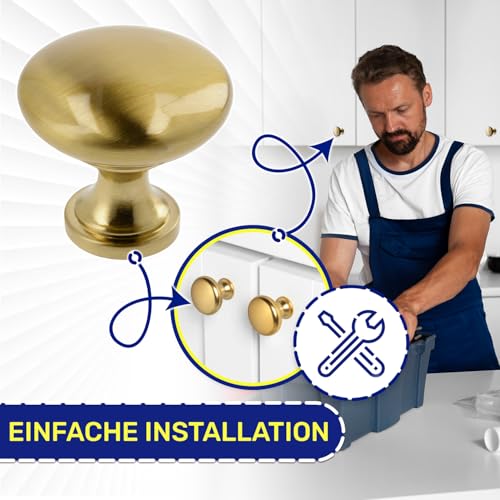 MONTERAL 6 Stück Möbelknöpfe Ø30 mm H29 mm - Schrankknöpfe aus Zink-Aluminium Legierung - Schrankgriffe in Goldenes Messing Farbe - Garantie 10 Jahre