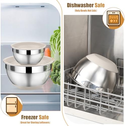 P&P CHEF Mixing Bowls with Lids Set of 5, Stainless Steel Nesting Salad Bowl with Lid & Base for Non-slip Mixing Prepping Storing Serving, 5 Sizes-7/3.5/2.5/1.5/1 QT, Khaki - Thumbnail 5