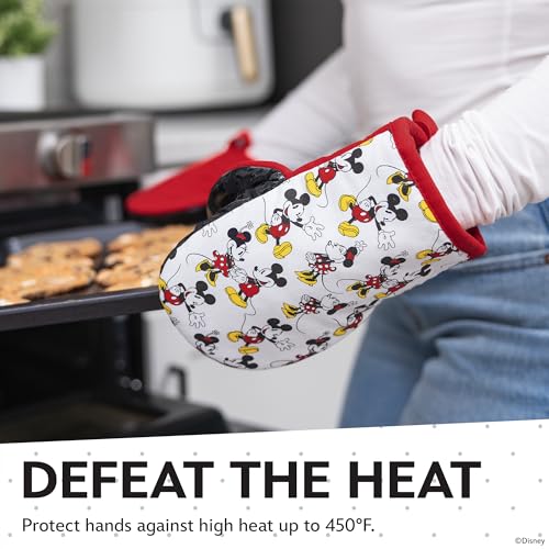Image of Disney Mickey & Minnie Mini Oven Mitts, 2-Pack, Heat Resistant 450F | Compact 5.5 inchx7.5 inch pot holders for kitchen, printed silicone offers non-slip grip, ambidextrous,hand wash or spot clean