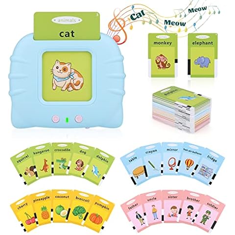 Yordawn Talking Flash Cards Educational Toys for Toddlers 1-6 Years Old Preschool Learning Toys for Boys Girls 112 Pcs Double-Side Cards 224 Words Reading Toy for Kids Christmas Birthday (Blue) Cover