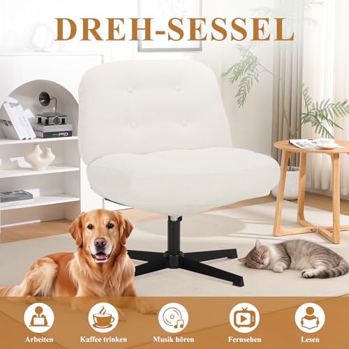 COLAMY Ergonomischer Bürostuhl Ohne Rollen, Schneidersitz Stuhl, Criss Cross Chair, 360° Drehbar Lehnstühle Lounge, Schminktisch Stuhl für Home Office, Weiß