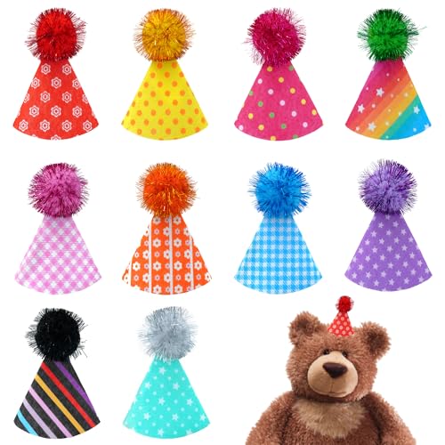 JpGdn 10Pcs Pack Mini Felt Party Hats for Dogs Cats Stuffed Animals With Adjustable Headband Reusable Birthday Holiday Wedding Party Costume Accessories