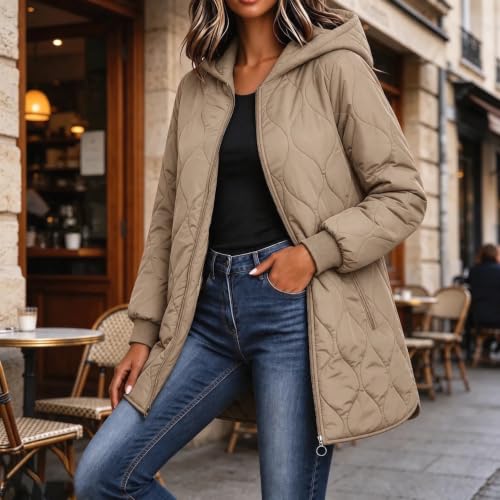 Quilted Jackets for Women Hooded Zip Up Lightweight Puffer Mid Long Coats | Puffer Jacket Womens,Casual Oversized Coat,Long Sleeve Padded Outwear,Fashion Outfits with Pockets,Fall Winter Clothes - image 2