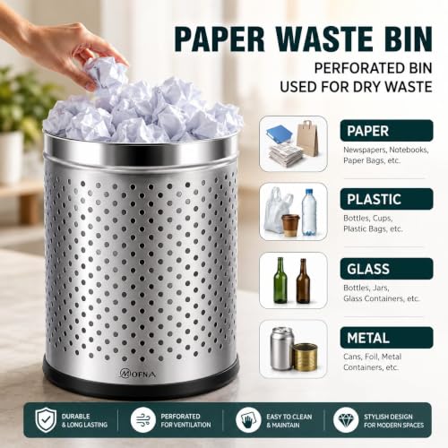 Image of mofna Stainless Steel Perforated Silver Dustbin for Home, Trash Can with Anti-skid Base, Garbage Bin for Bathroom, Office, Kitchen Commercial Use- (8x12 In -10 Liter, Pack of 2)