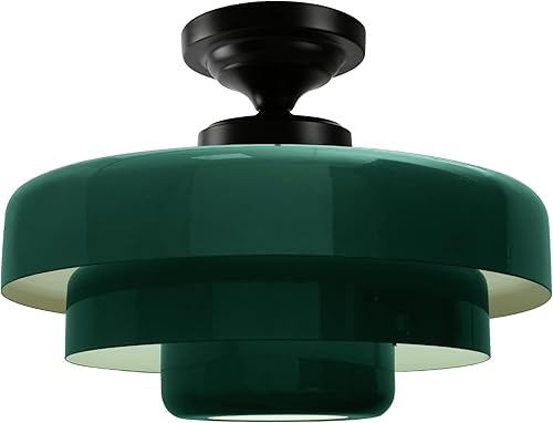 Lámpara de techo vintage de mediados de siglo, color verde claro, lámpara de techo empotrada de 3 capas de 13.8 pulgadas, pantalla de metal negro,