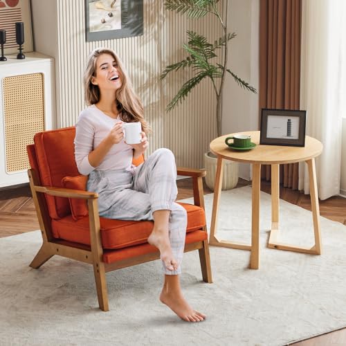 Image of Karl home Mid-Century Lounge Accent Chair, Burnt Orange | Wide Curved Armrest, Linen Fabric, Lumbar Pillow Included, Solid Wood Frame, For Living Room, Bedroom, Balcony, Apartment