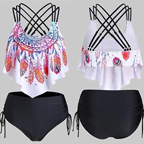 Women Feather Print Strappy Cinched Tankini Swimwear4