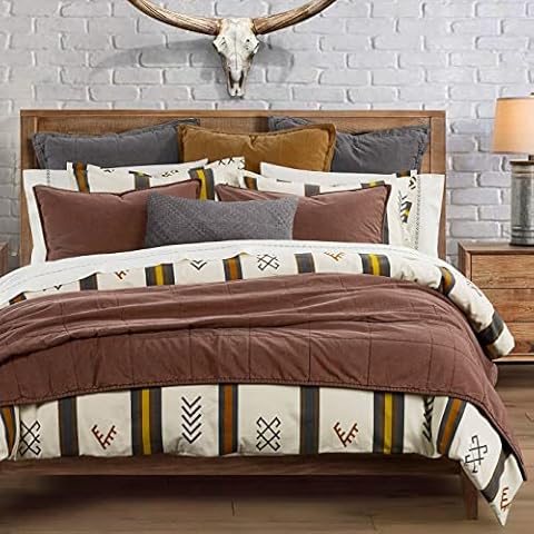 HiEnd Accents Toluca Canvas Western Bedding 3 Piece Queen Comforter Set, Cattle Brand Symbols Print, Striped Cotton Rustic Cabin Lodge Bed Set, 1 Comforter, 2 Pillow Shams Cover