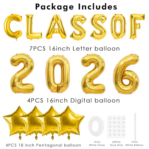 Image of Graduation Balloons, Class of 2026 Balloons, 16Inch Gold Grad Class of 2026 Letters Foil Balloon Sign with Star Balloons, Class of 2026 Decorations for High School College Graduation Party Decorations