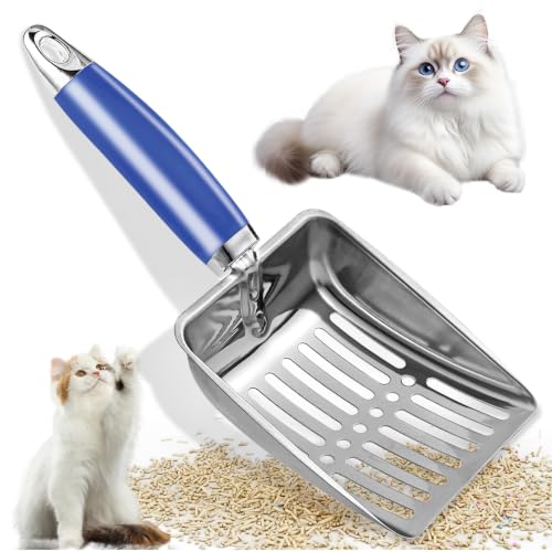 Metal cat litter scoop with fine slots designed for clumping clay litter