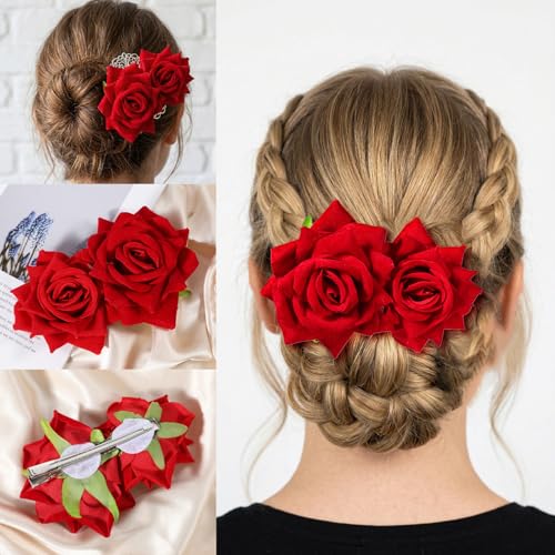 Broche decorativo floral rojo para cabello miniatura 6