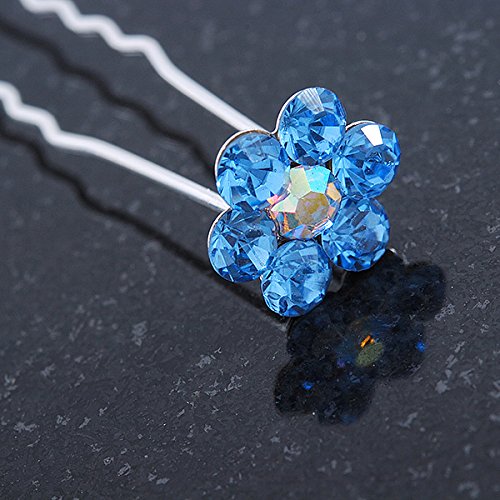 Miniatura 3 de Juego de 6 horquillas para noviabodabailefiesta de cristal austriaco azul cielo margarita flor en tono plateado