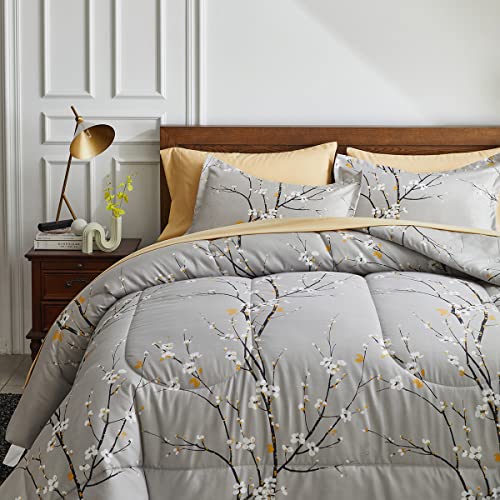Gray Comforter Set 3 Pieces Twin Size Kids Tree Branch Tan White Bloom Flower Microfiber Reversible Soft All Season Bedding 68x86 Floral Comforter Set