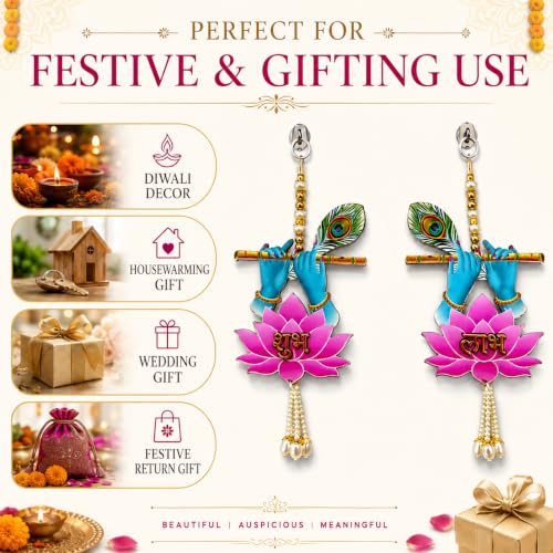 Image of Religious Door Hanging Decor with Pearl Beads & Tassel, Wooden Wall Hanging for Home Temple, Pooja Room, Entrance, Mandir Decoration & Spiritual Gift, Lotus
