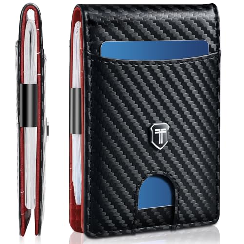 Gostwo Slim Wallet for Men, Minimalist Money Clip Card Wallet, RFID Blocking Bifold Mens Wallet, Front Pocket Credit Card Holder with ID Window, Gifts for Him, Carbon Black & Red