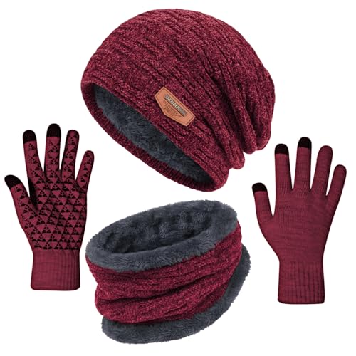 3 Pieces Winter Hat Scarf and Gloves Set for Men and Women, Knit Slouchy Beanie Cap & Neck Warmer & Screen - Touch Gloves