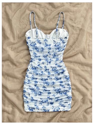 GORGLITTER Women's Floral Mesh Bodycon Mini Dress Ruched Spaghetti Strap Cami Dresses Summer Beach Going Out Dress2
