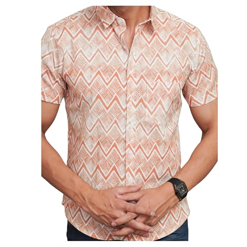 Image of Peach Chevron Printed Cotton Casual Shirt for Men | Half Sleeve | Regular Collar | Regular Fit